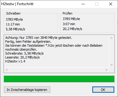 Screenshot des Programms „H2testw“, welches das Testfenster zeigt. Dort wird zum einen der Fortschritt des Tests angezeigt, aber auch die geschriebenen und geprüften Datenmengen, die Schreib-/Lesegeschwindigkeiten sowie das Testresultat.
