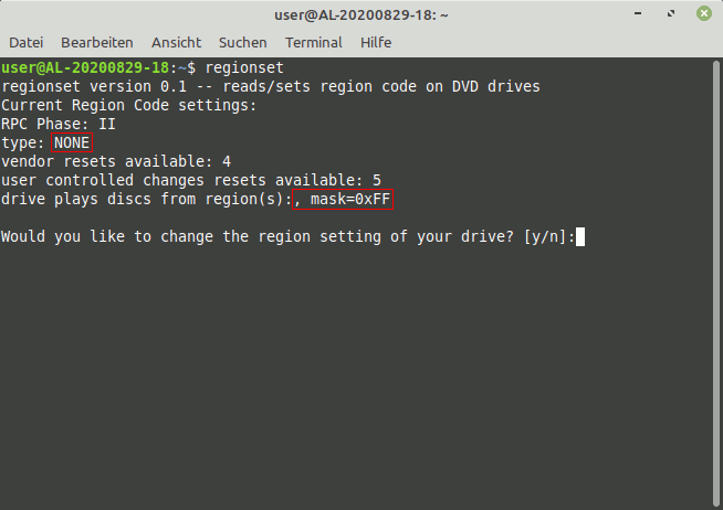 Dieses animierte GIF zeigt ein Terminal, in dem die wenigen Schritte gezeigt werden, die nötig sind, um mit „regionset“ den Regionalcode eines DVD-Laufwerks zu setzen.