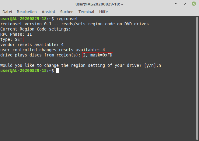 Screenshot eines Terminals, in dem die Ausgabe des Programms „regionset“ zu sehen ist, wenn der Regionalcode eines DVD-Laufwerks gesetzt wurde.